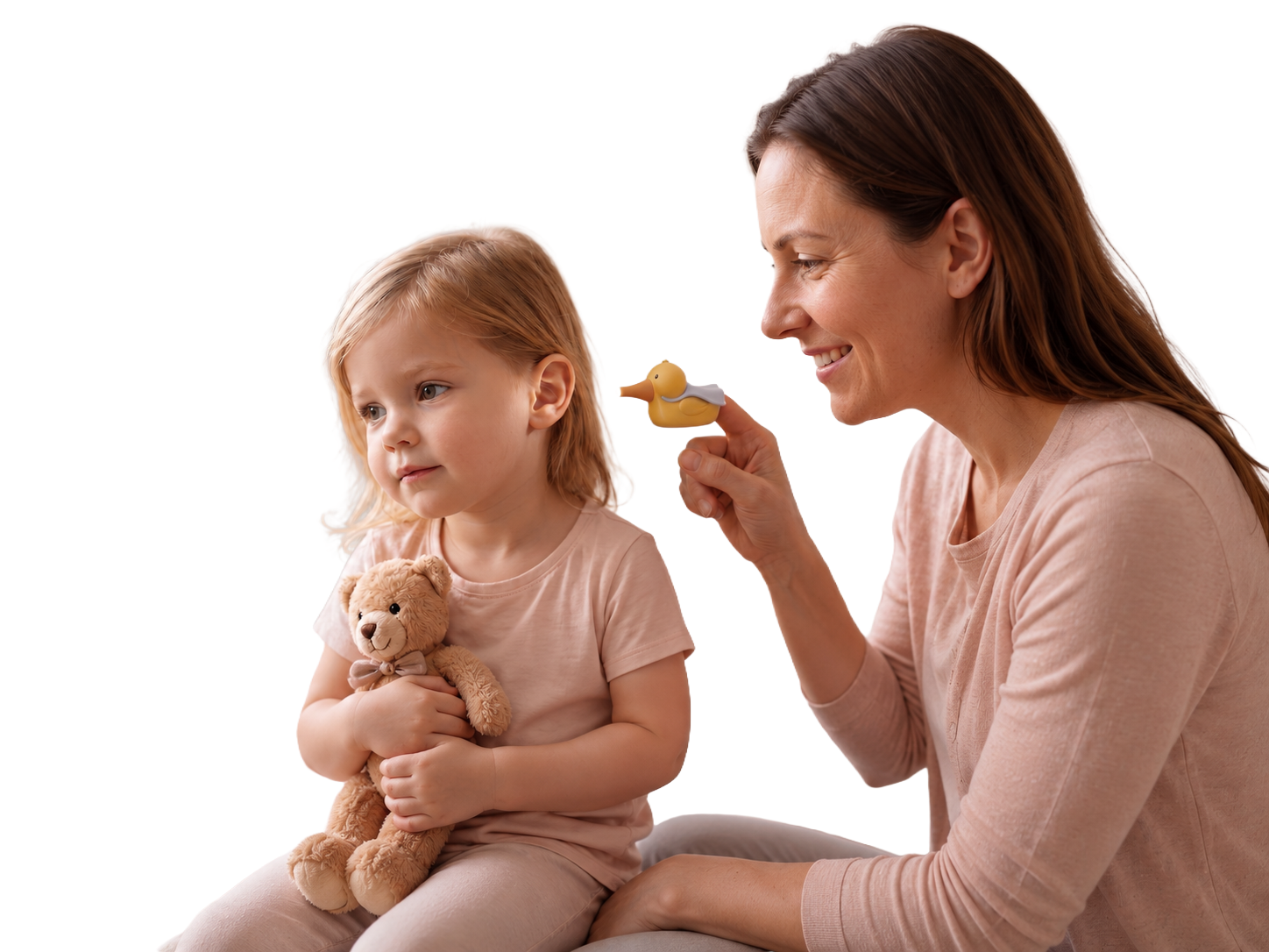 Parent gently examining child's ear at home using the Hearo duck device